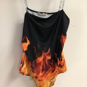 Black and fire pattern bodysuit w/ chain straps